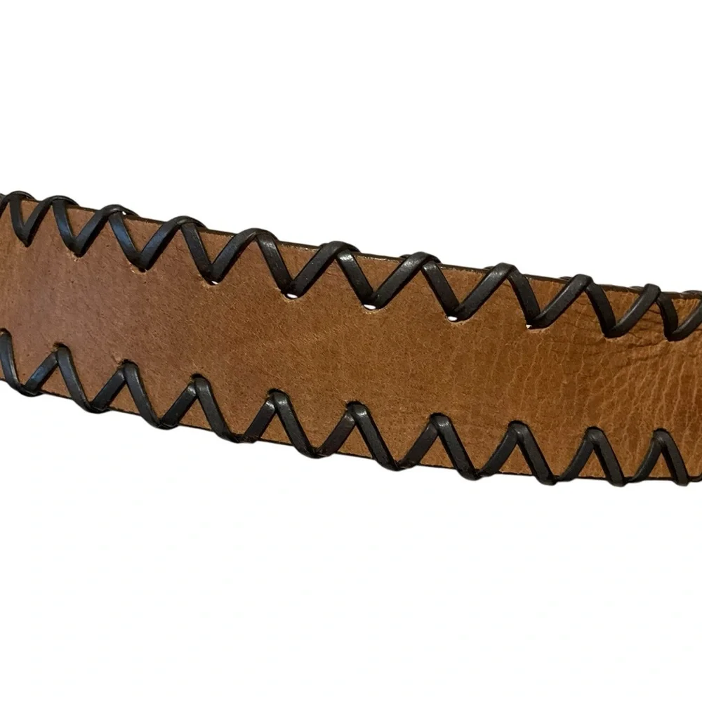 vtg Retro LEATHER Belt OS Adjustable Braid Trim Tan Brown